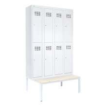 8-dverová šatníková skriňa s krátkymi dverami, LOCKER H 4/8 s doplnenou zabudovanou lavičkou