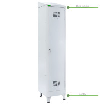 1-dverová šatníková skriňa s prepážkou, LOCKER H 1 BW s pridanou šikmou strieškou a nožičkami