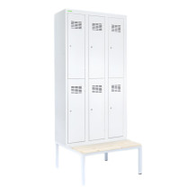 6-dverová šatníková skriňa s krátkymi dverami, LOCKER H 3/6 s doplnenou zabudovanou lavičkou