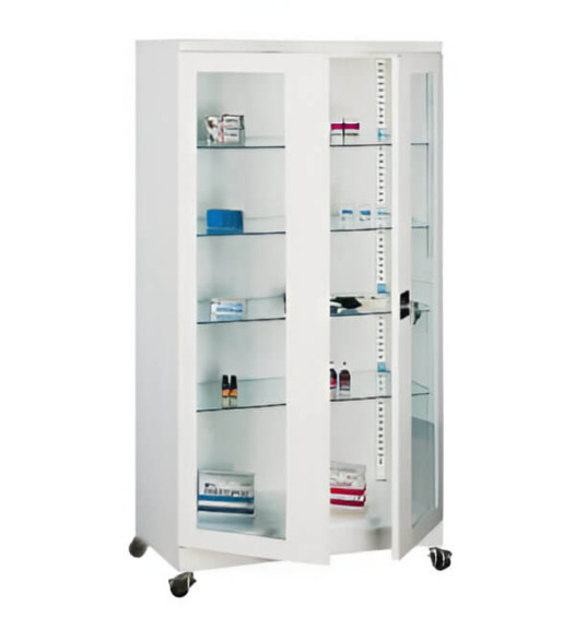 HOSPICAB CH LONG GSH 9003 | Nemocničná skrinka na lieky so 4 sklenenými policami a kolieskami